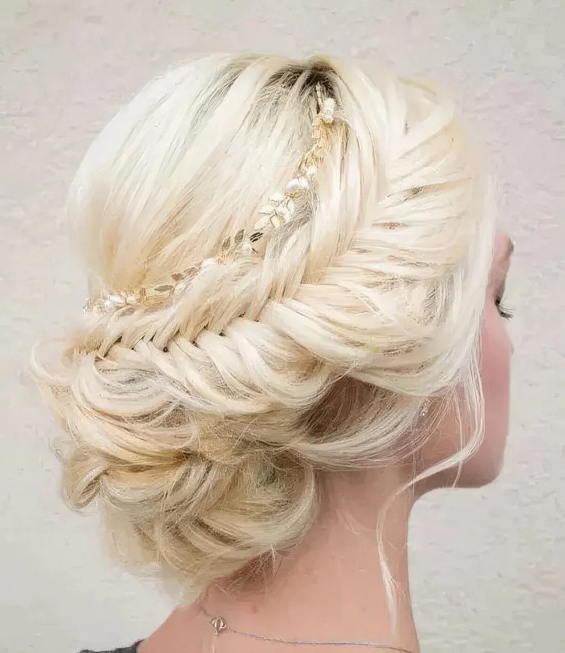 Fishtail braid updo with some locks down and a hair vine for a girlish look.