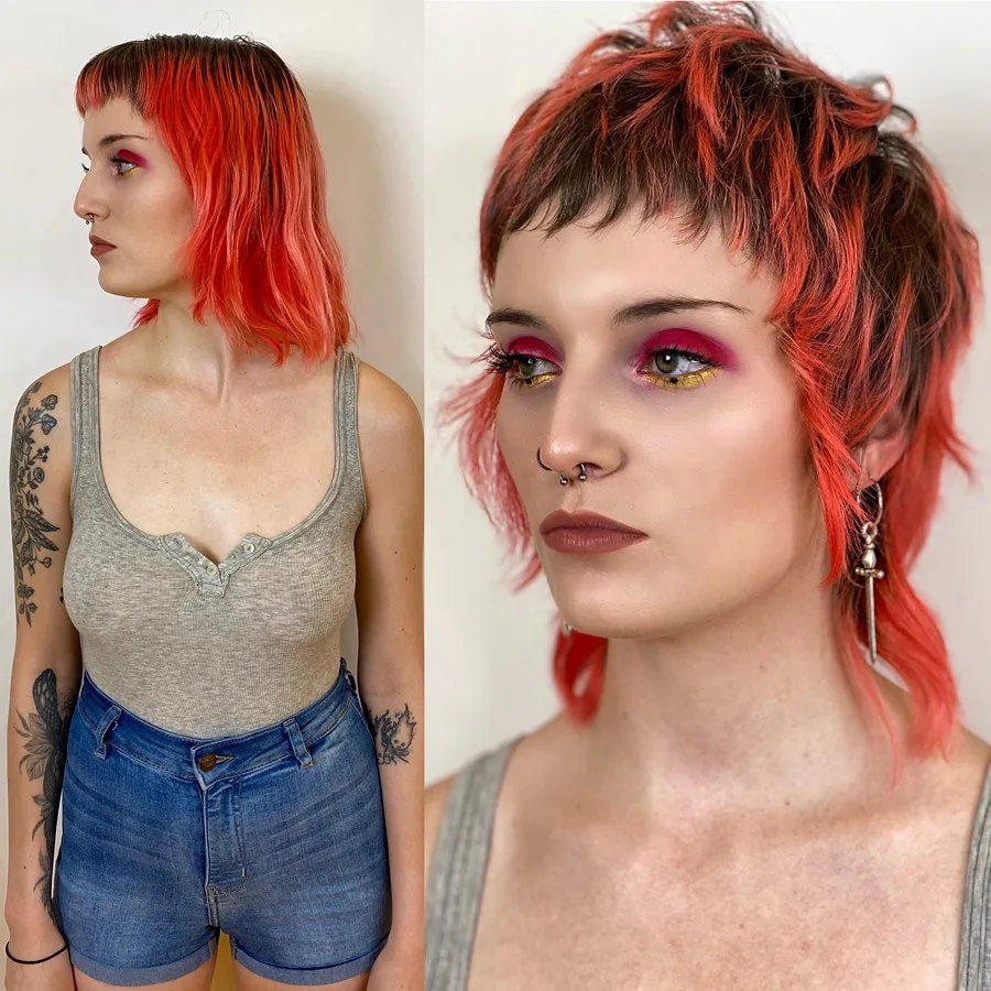 chin wavy copper color with micro fringe shown as a baby bangs idea, featuring center part