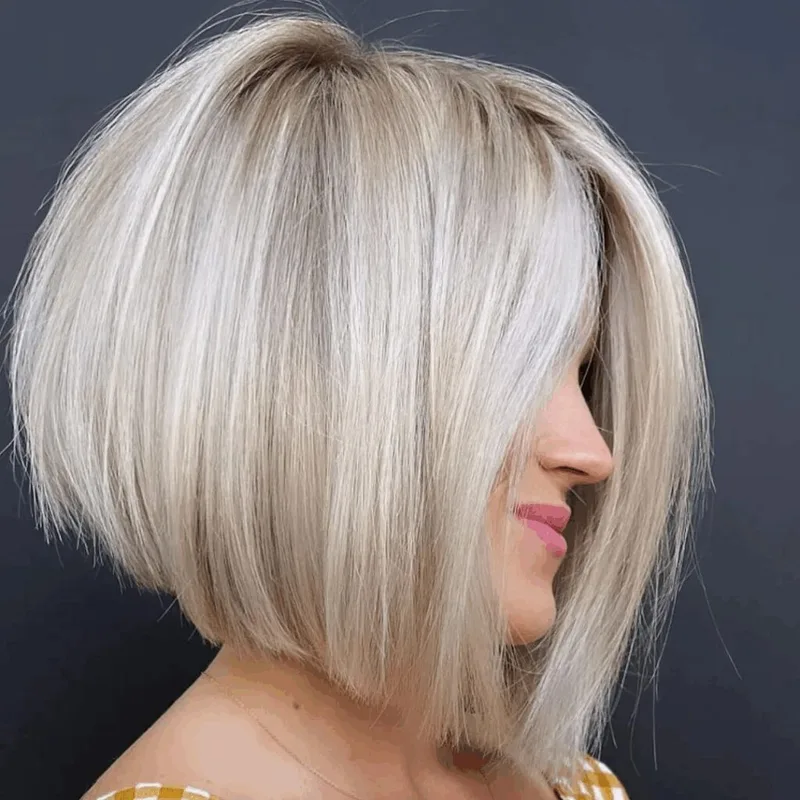 Side view of a smooth blonde bob with rounded ends