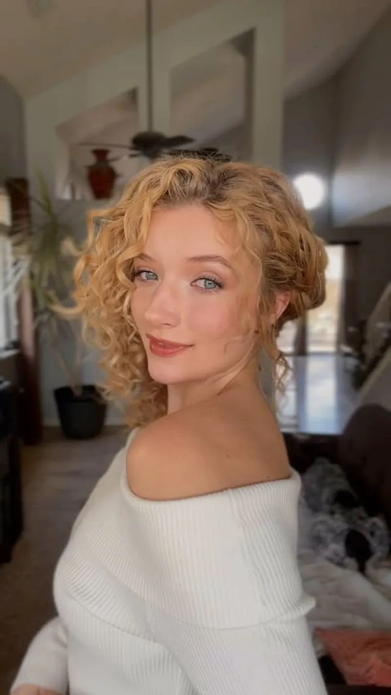 Woman with a blonde curly bob and a loosely swept side part