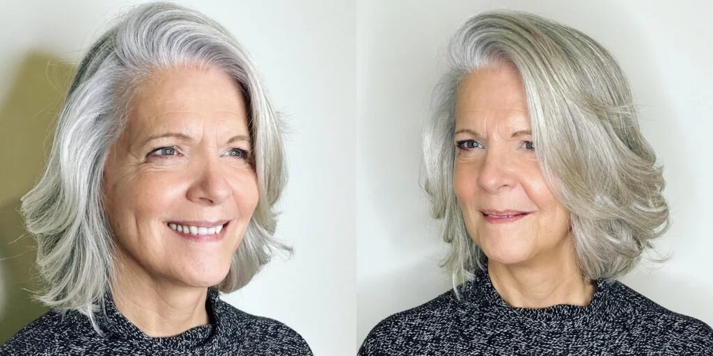 Soft gray wavy bob with natural movement on an older woman