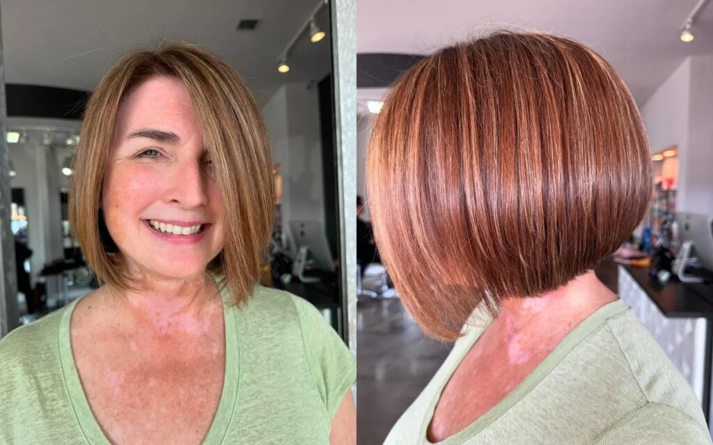 Back and side view of a red straight chin bob