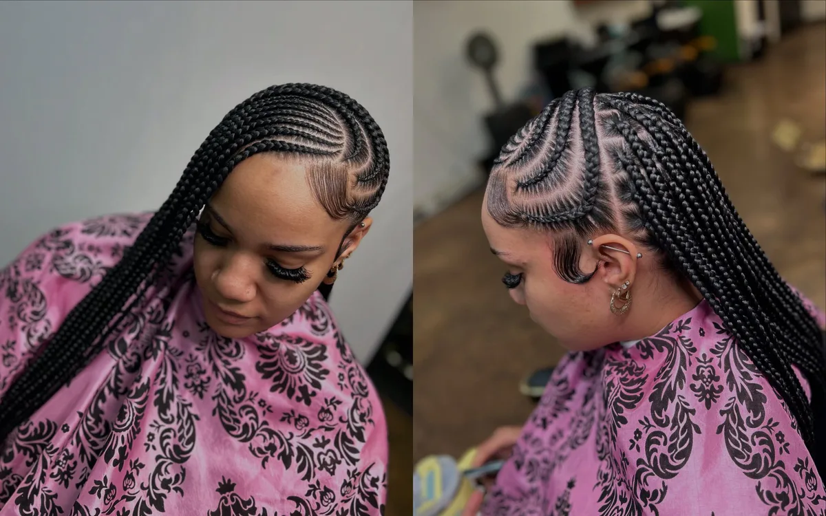 chest braids black knotless shown as a box braids hairstyles styling ideas idea, featuring chest outline, shown in black woman cornrows with long braids