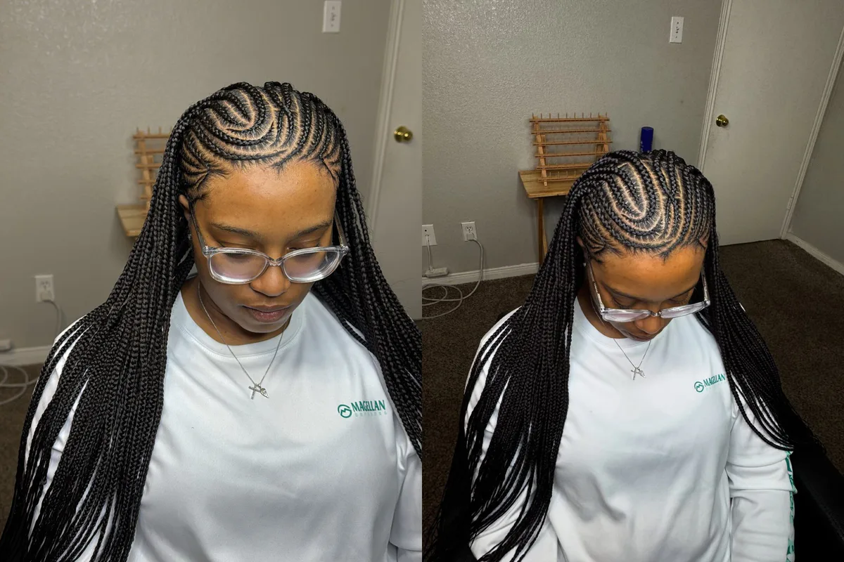 chest braids black knotless shown as a box braids hairstyles styling ideas idea, featuring center part, shown in black woman long cornrows top view for box braids hairstyles styling ideas