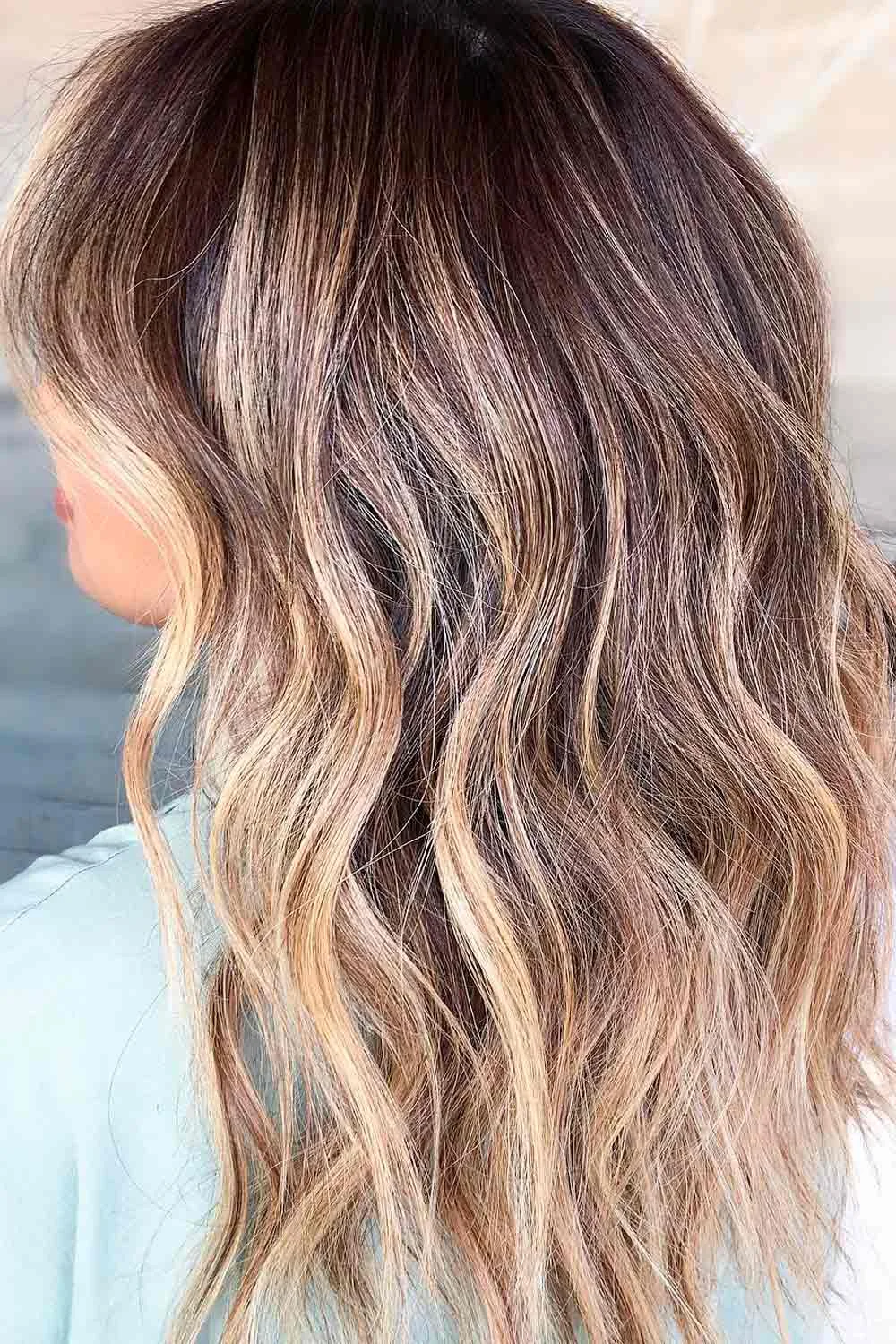 Back-side view of brown wavy hair with lighter warm ends