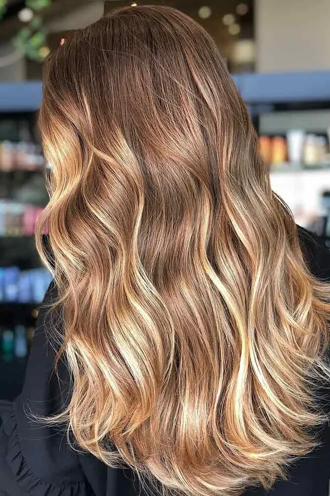 Back-side view of brown hair with golden warm ribbons through the lower lengths