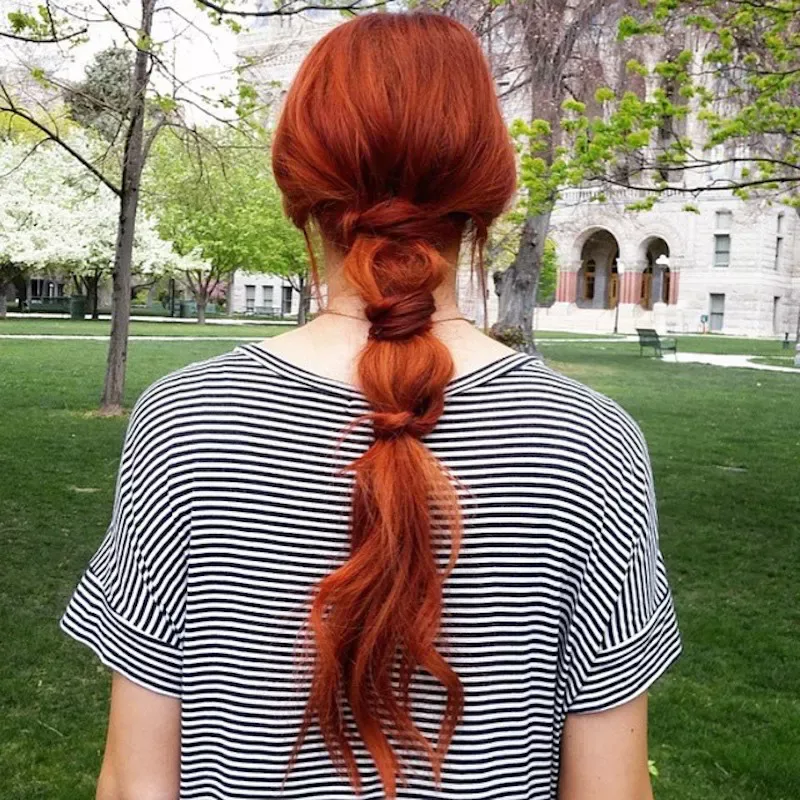 chest straight copper ponytail shown as a bubble braid ponytail hairstyles idea