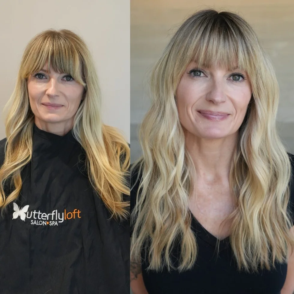 Blonde long butterfly haircut with layered side pieces