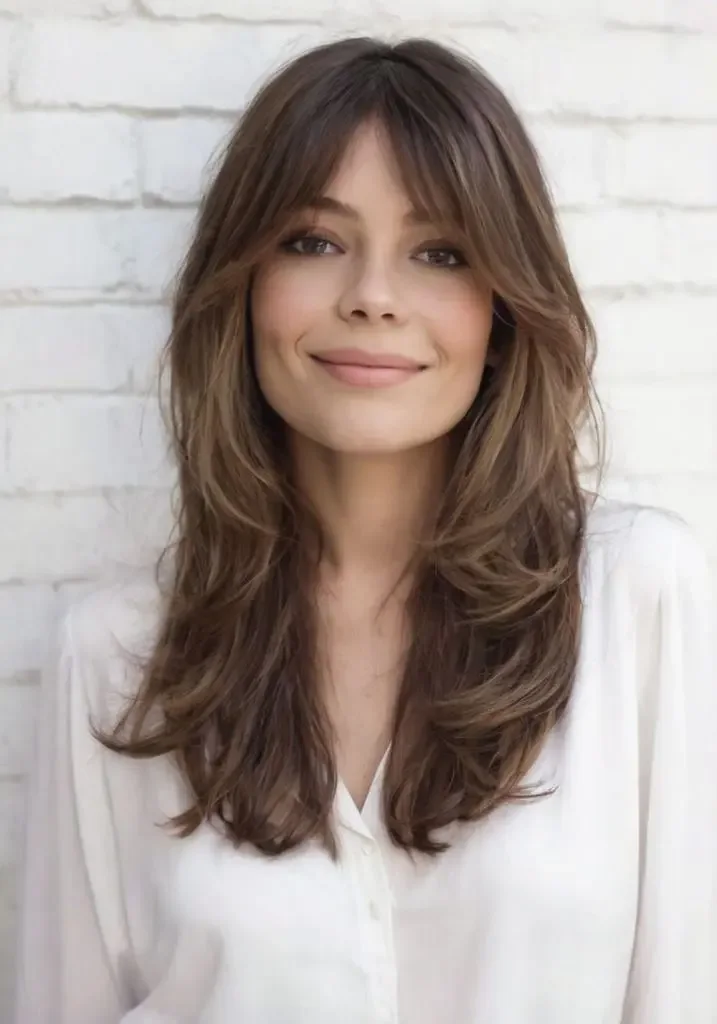 Soft brunette long butterfly haircut with natural face framing