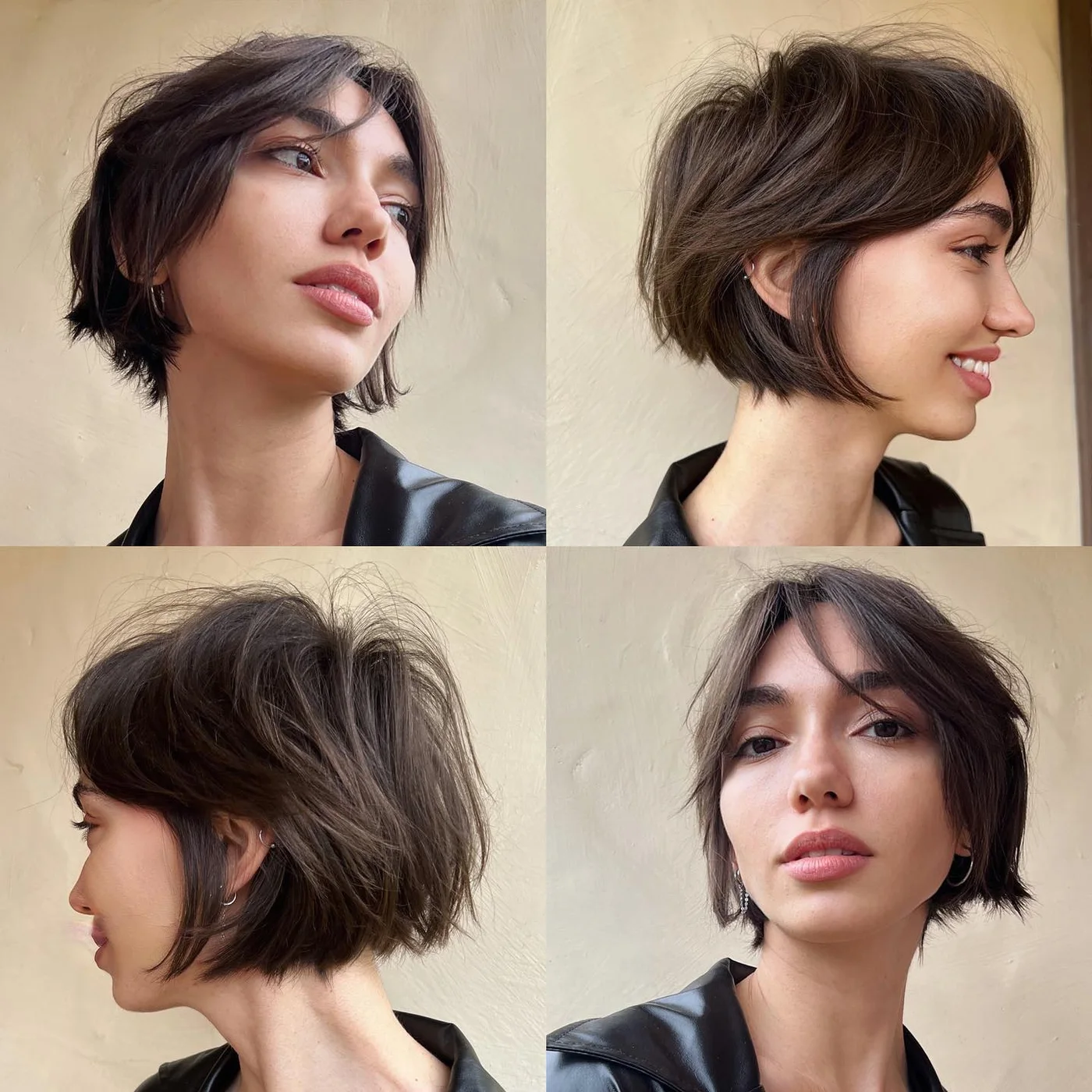 Multi-angle choppy bob for fine hair with curtain bangs and layered sides