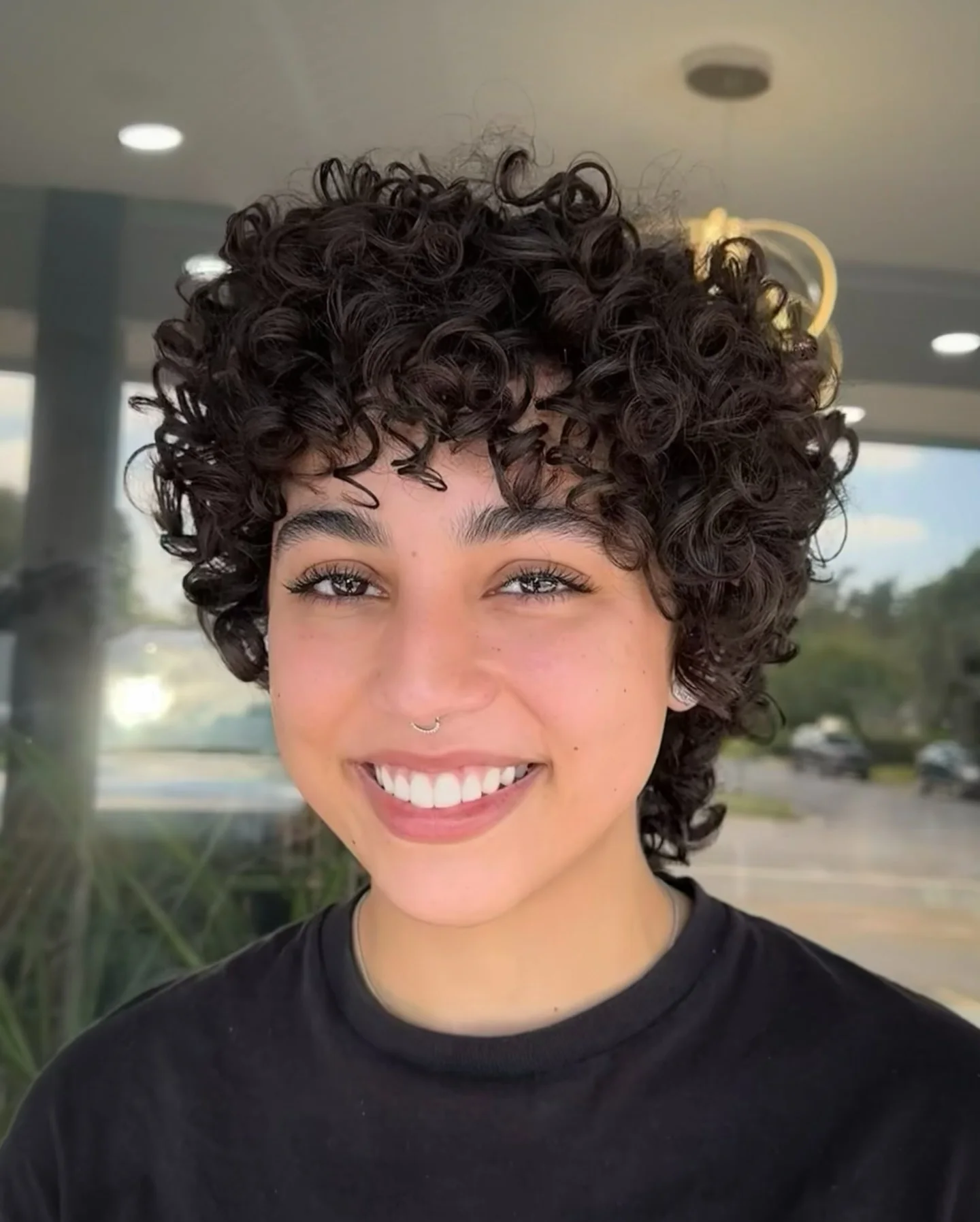shoulder curly brunette shag with curly fringe fringe shown as a curly hairstyles ideas idea, featuring brunette color