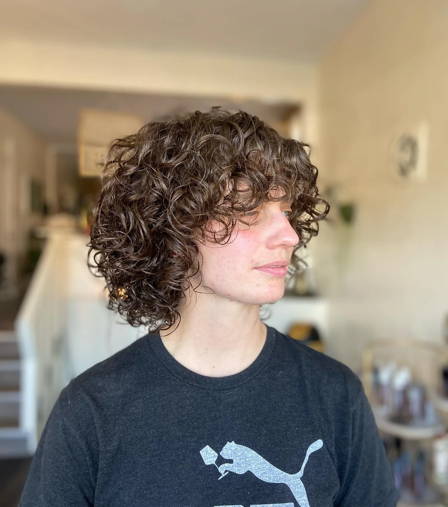 shoulder curly brunette shag with curly fringe fringe shown as a curly hairstyles ideas idea, featuring heavy layering