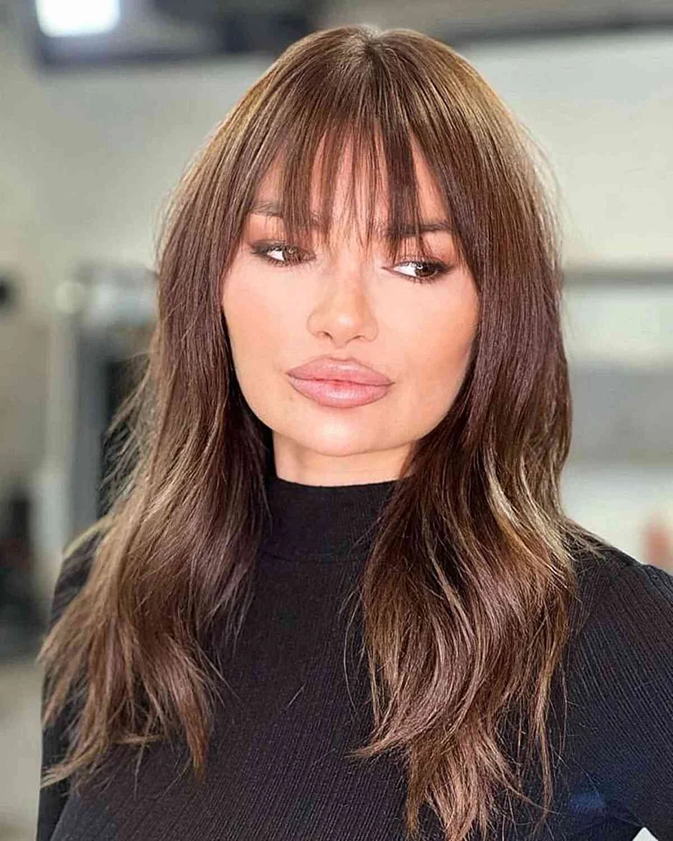 chest wavy brunette layers with curtain fringe shown as a dark brown color ideas idea