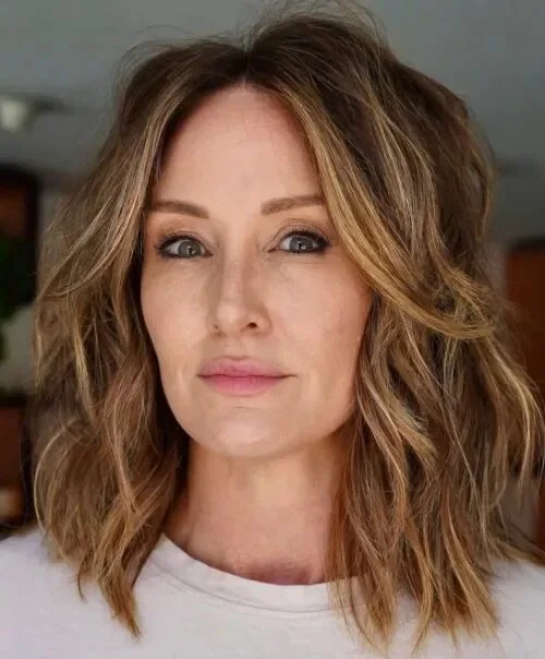 shoulder wavy chestnut lob shown as a dark brown color ideas idea, featuring glossy finish