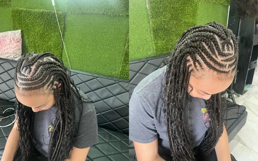 chest braids black knotless shown as a fulani braids idea, featuring black color, shown in half-up fulani braids