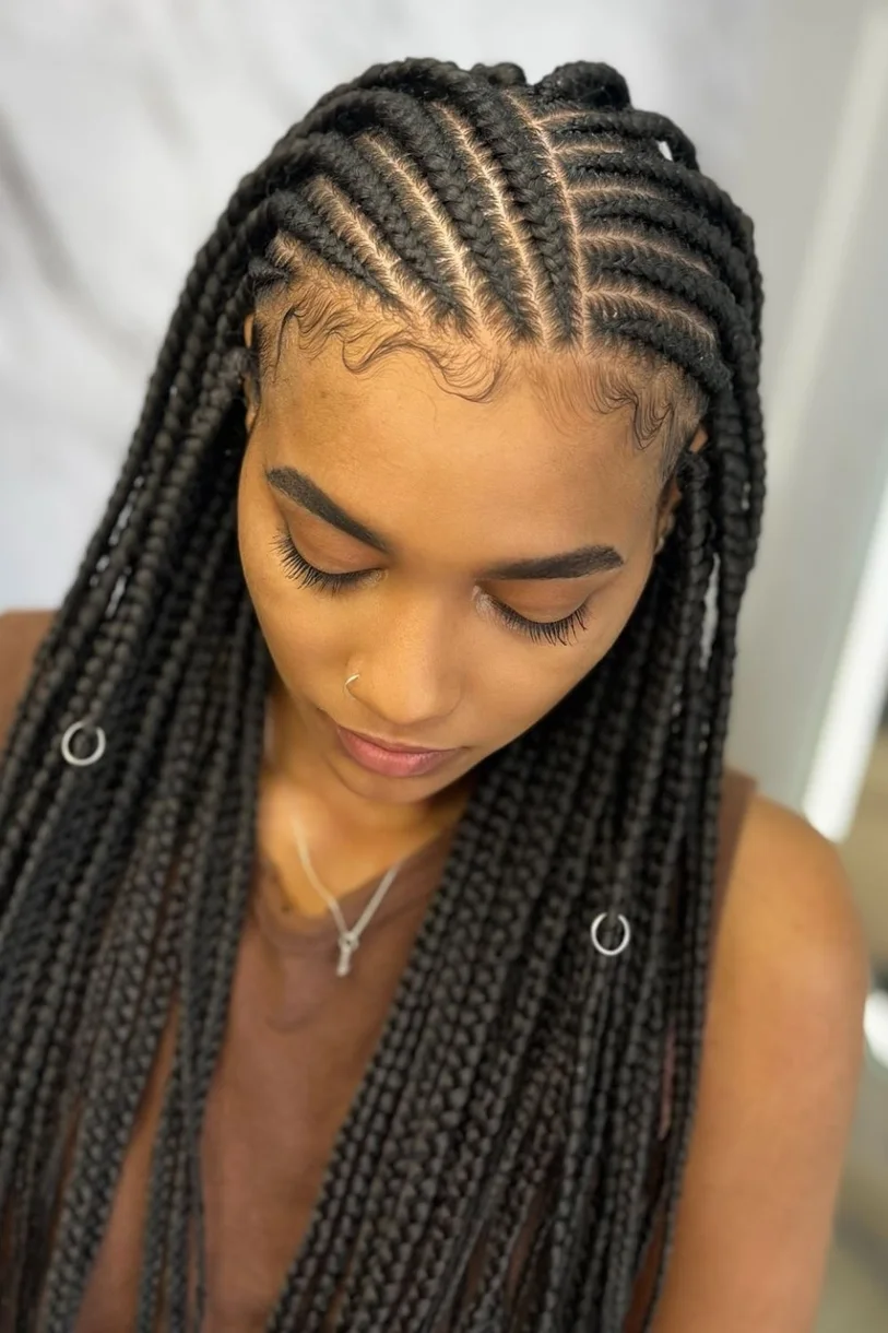 chest braids black knotless shown as a fulani braids idea, featuring knotless braid pattern
