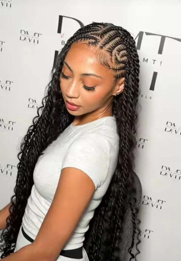 chest braids black knotless shown as a fulani braids idea, featuring chest outline, shown in fulani braids with defined edges