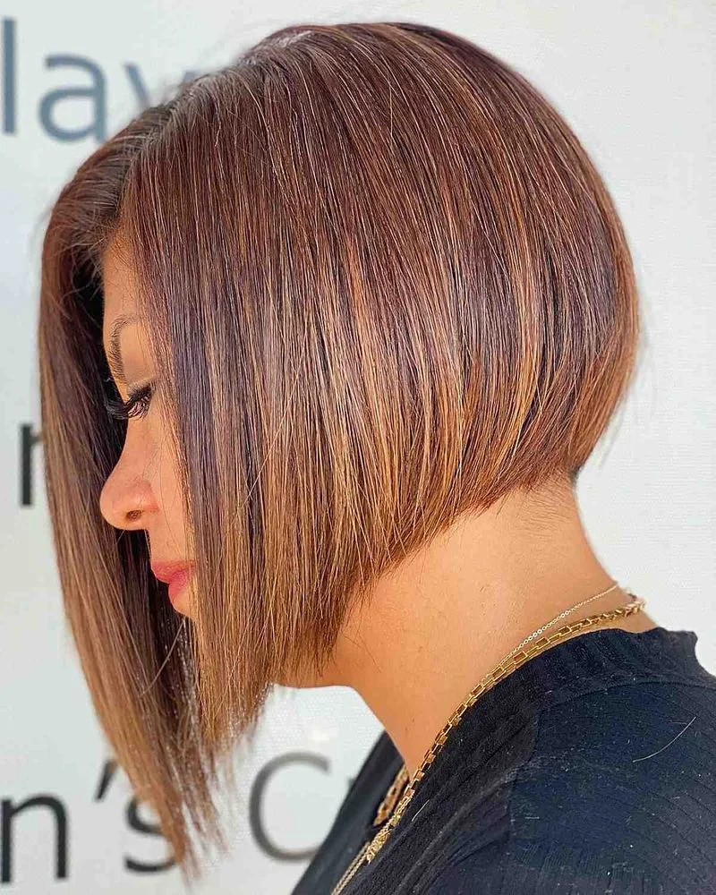 angled auburn bob showing brunette bob hair with straight texture for thin fine hair