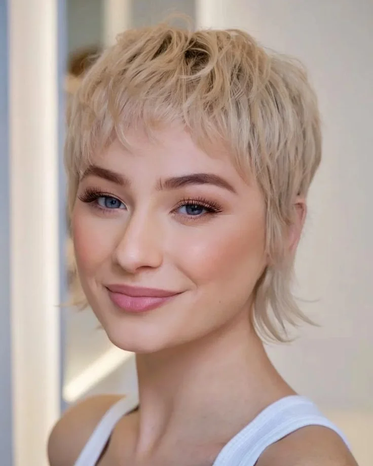 soft blonde pixie mullet showing blonde short hair with straight texture for thin fine hair