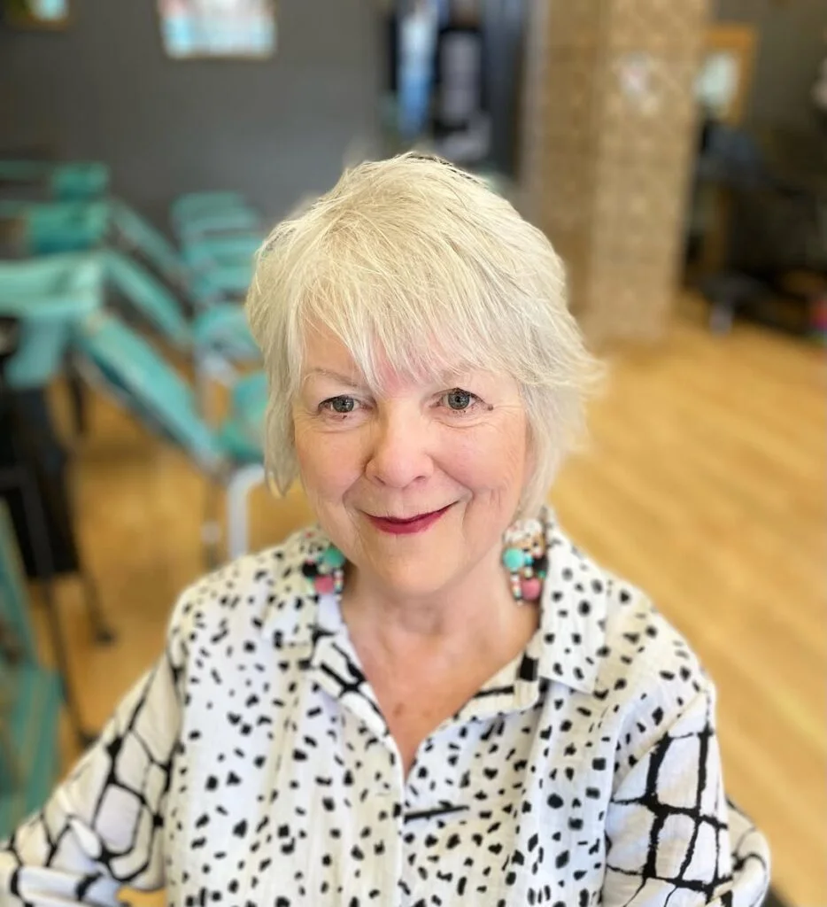 white piecey pixie showing blonde short hair with straight texture for thin fine hair