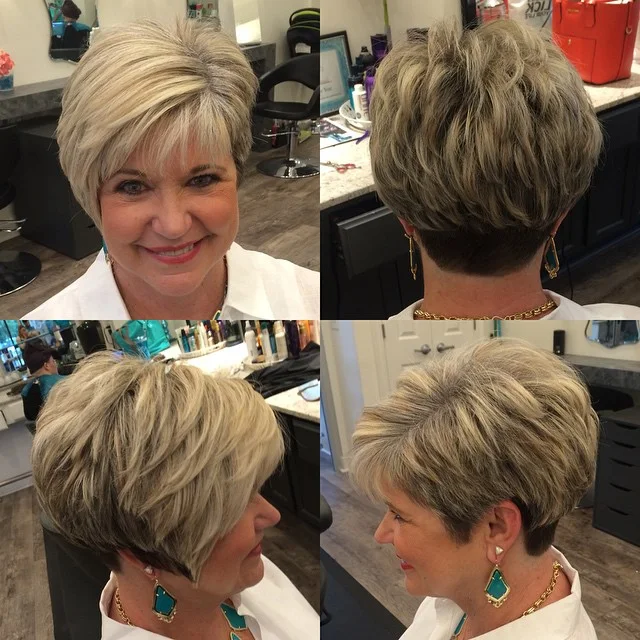 highlighted pixie cut views showing blonde short hair with straight texture for thin fine hair