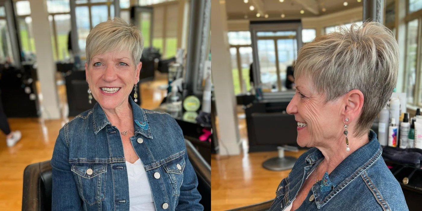 short blonde pixie with crown lift showing blonde short hair with straight texture for thin fine hair