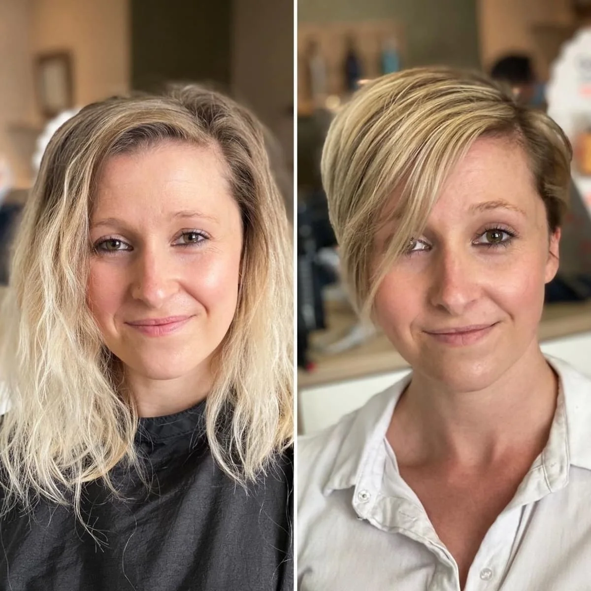 asymmetrical blonde pixie showing blonde short hair with wavy texture for thin fine hair