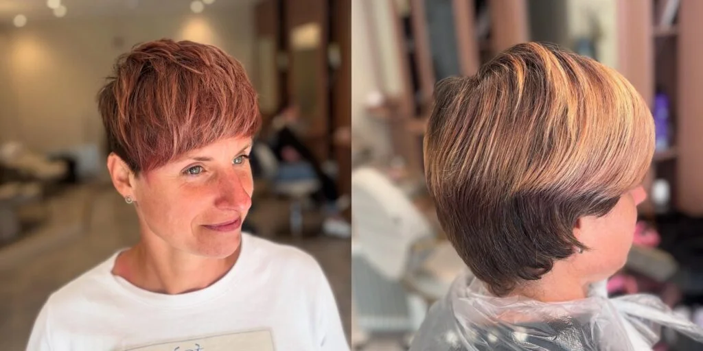 copper cropped pixie showing red short hair with straight texture for thin fine hair
