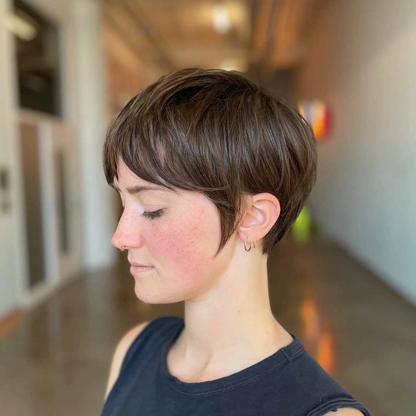 soft brunette short pixie showing brunette short hair with straight texture for thin fine hair