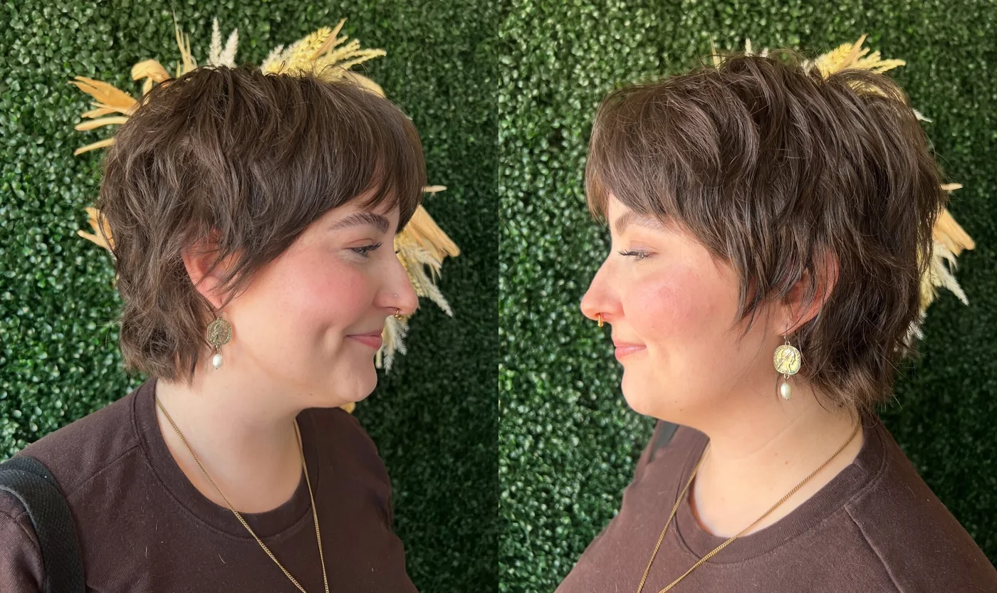 soft brown feathered pixie showing brunette short hair with straight texture for thin fine hair