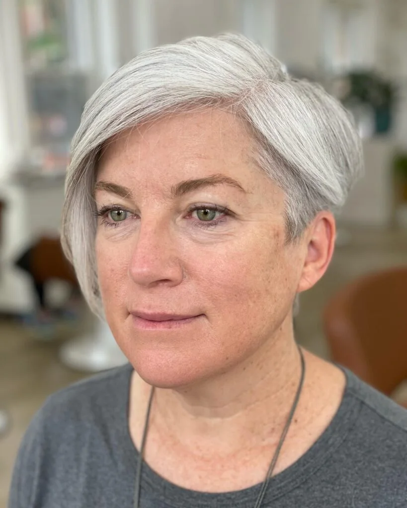 soft silver cropped cut showing gray short hair with straight texture for thin fine hair