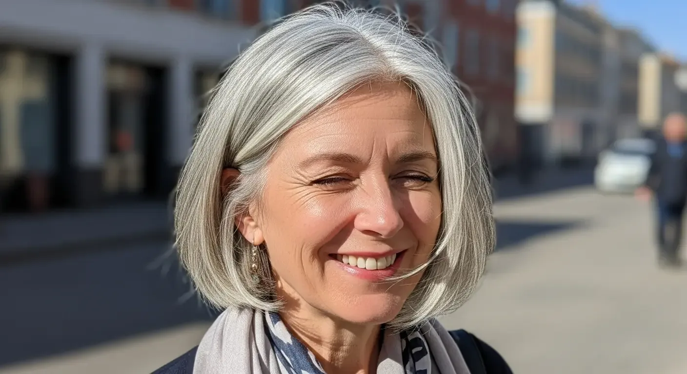 chin straight silver bob shown as a haircuts for women over 50 idea