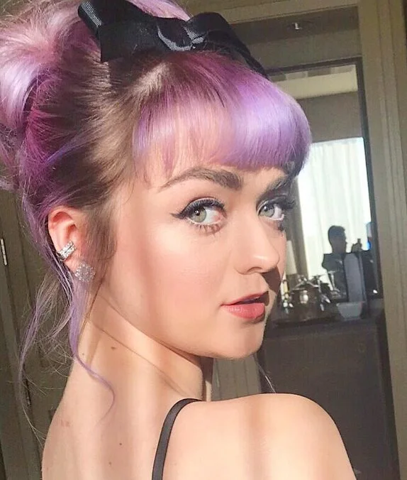 medium straight pink updo with micro fringe shown as a hairstyles for going out idea