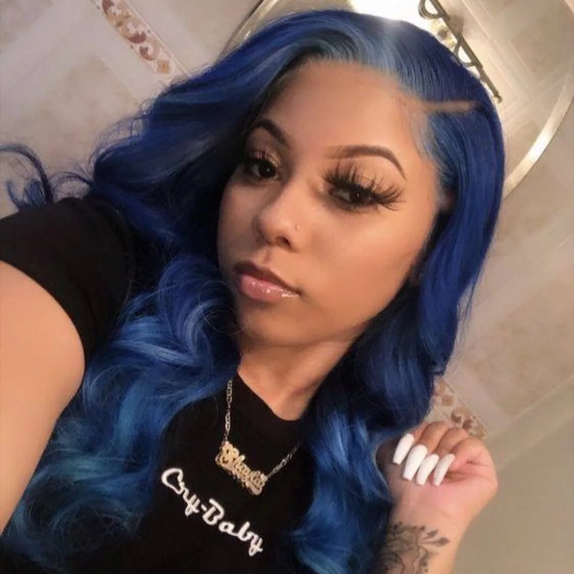 chest wavy blue layers shown as a hairstyles for going out idea
