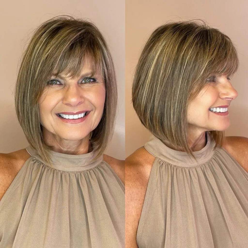 Honey blonde medium layers with light bangs and face-framing shape