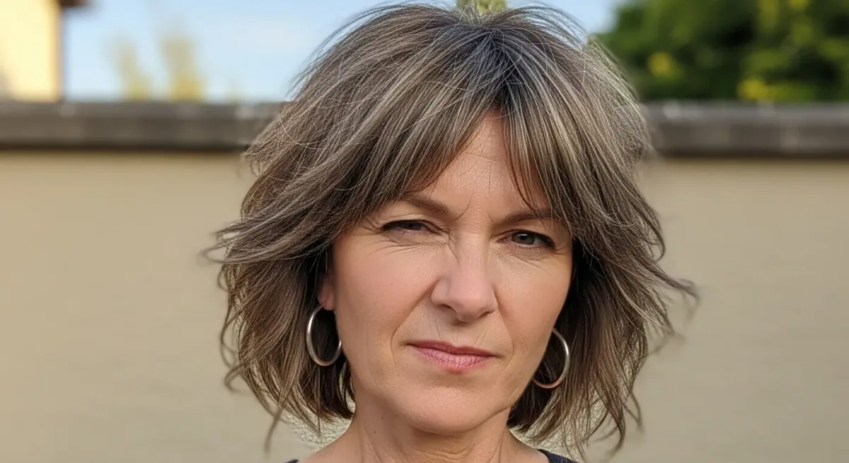Silver wavy shag with curtain bangs and medium textured layers