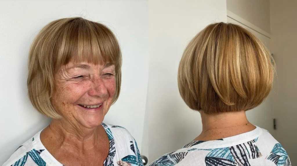 Classic brunette chin bob with soft bangs on an older woman