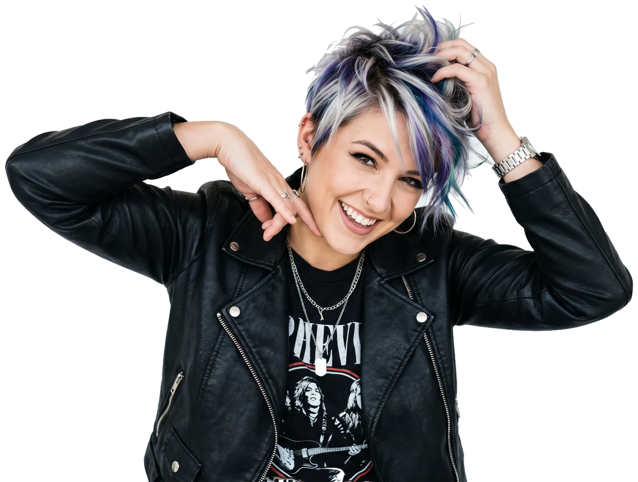 Woman with a funky silver and blue short hairstyle