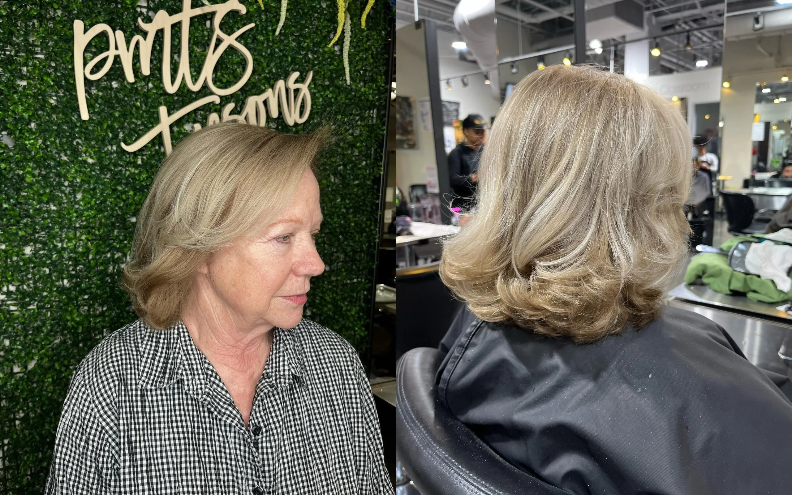 Back view of a blonde layered bob with soft stacked movement
