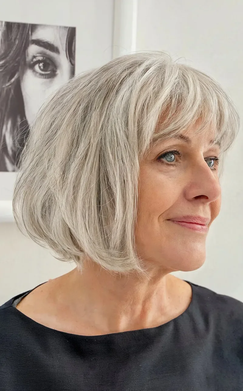 Feathered silver layered bob with soft bangs and side movement