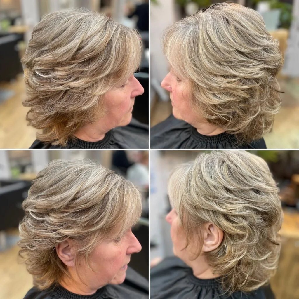 neck wavy gray shag shown as a layered bob haircuts for women over 60 idea