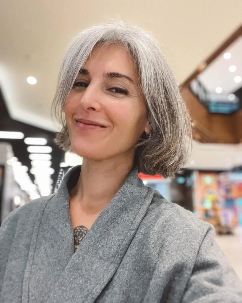 Layered gray lob with side-swept front pieces