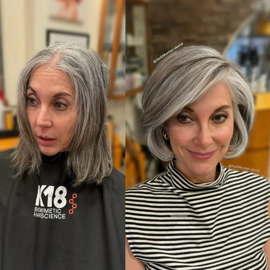 Before and after gray layered bob makeover on an older woman