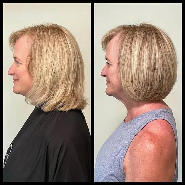 Back and side view of a stacked blonde layered bob on an older woman