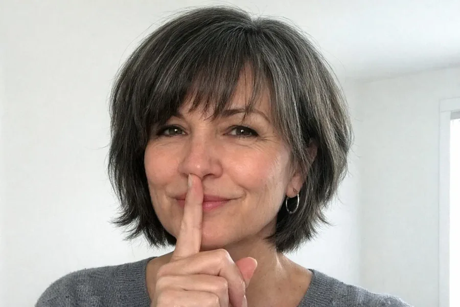 Older woman with a textured brunette bob and soft bangs