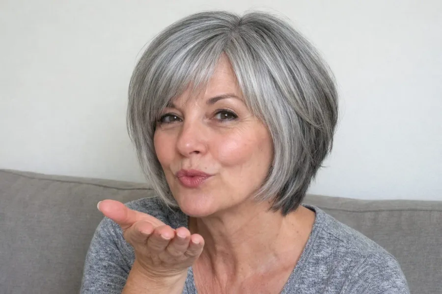 Older woman with a layered gray bob and side bangs