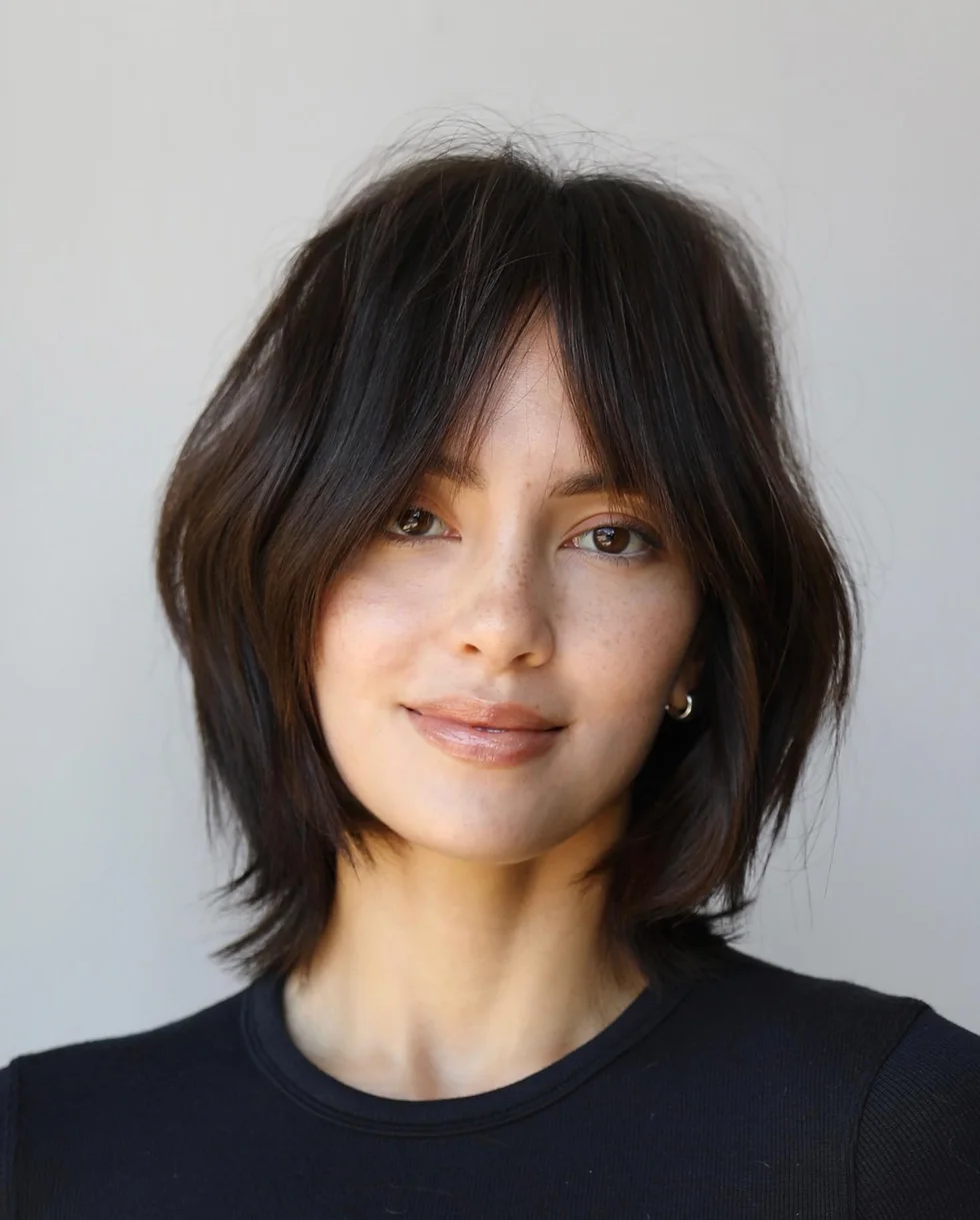 Dark shaggy layered bob with curtain bangs and piecey face framing