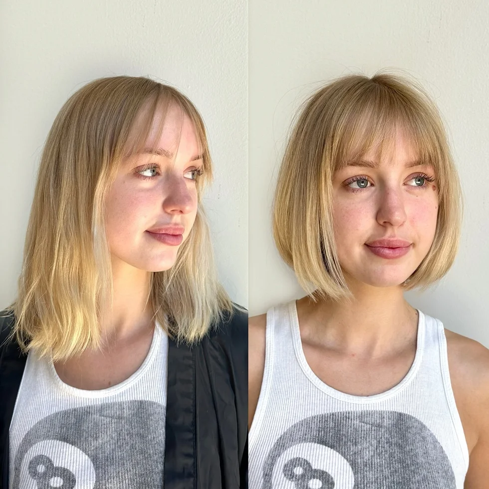 Blonde bob with wispy curtain bangs and soft layered chin-length ends