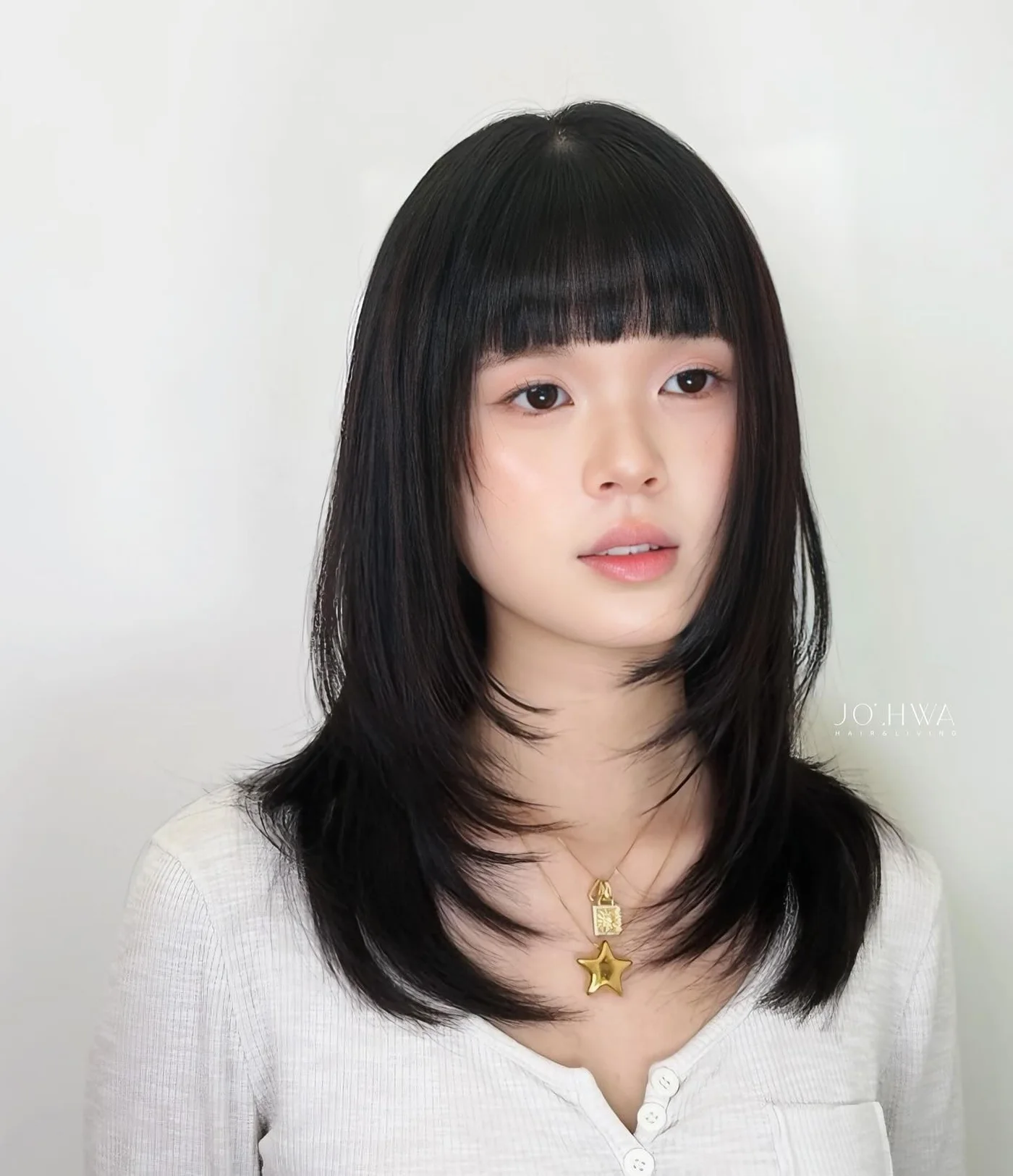 black shoulder layers with wispy bangs showing black medium hair with wispy bangs and straight texture