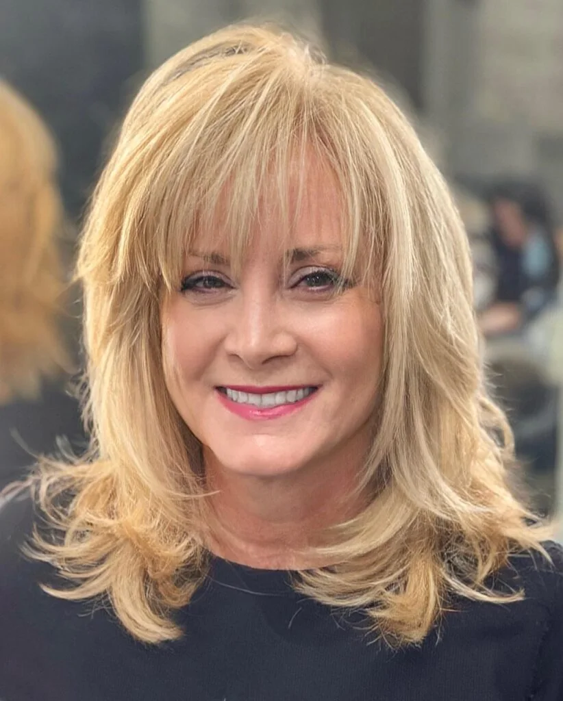 blonde face-framing layers with bangs showing blonde medium hair with wispy bangs and straight texture